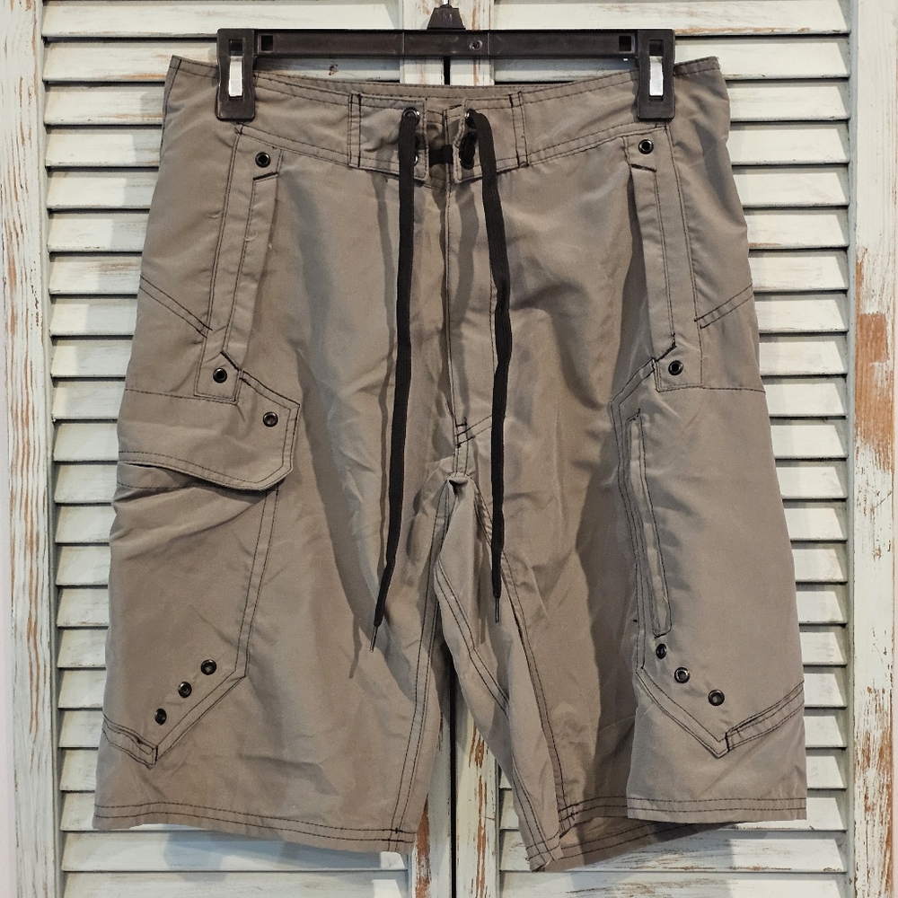 PBX BASICS CARGO SWIM TRUNKS SHORTS Mens 28 Gray Polyester Y2k Summer Beach Pool